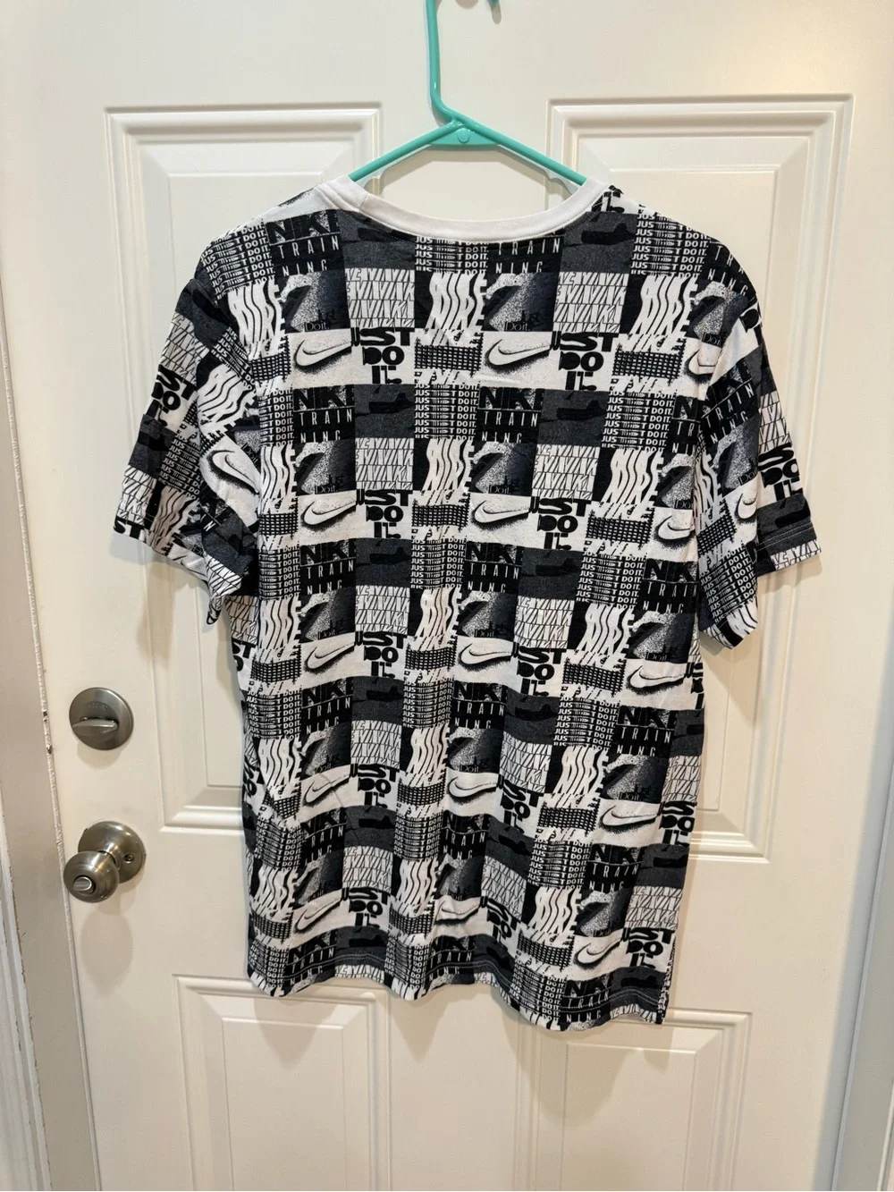 Nike Black & White All-Over Graphic Short Sleeve Tee with Red Swoosh
